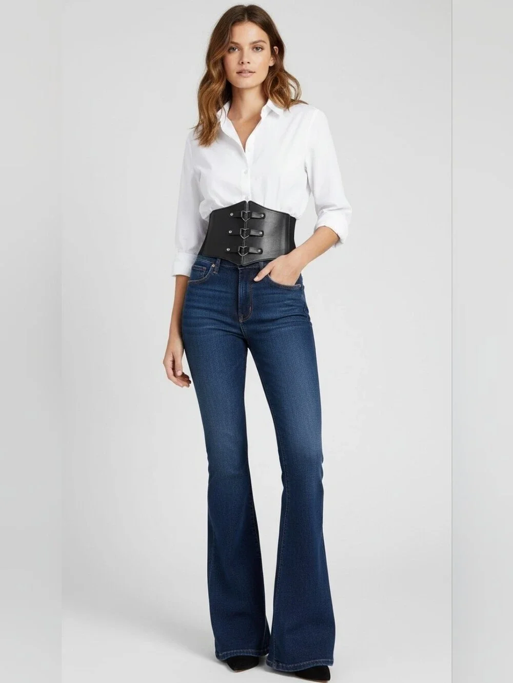 Corset Style Triple Buckle Wide Belt Elastic Waist Band One Size